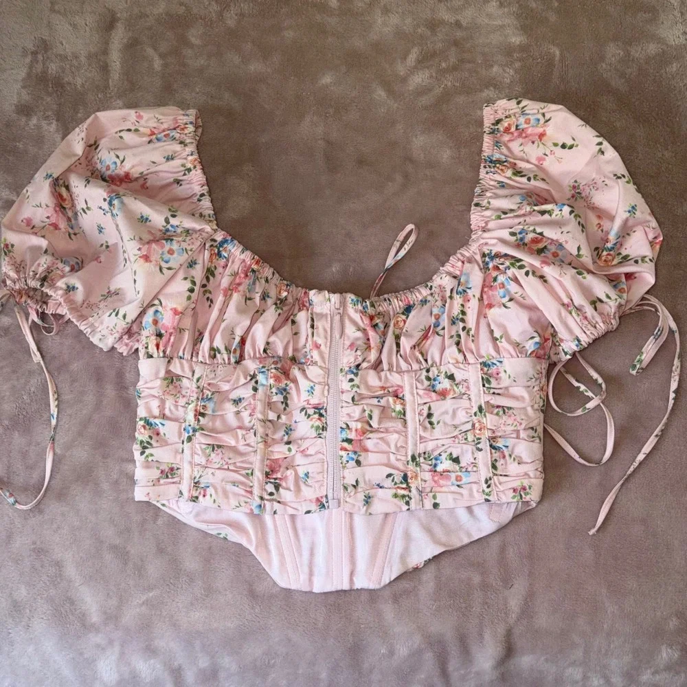 House of CB Gracie Pink Floral Corset Top Puff Sleeve Ruched Bust Size L